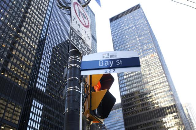 A &quot;Bay Street&quot; sign is displayed in the financial district of Toronto, Ontario, Canada.