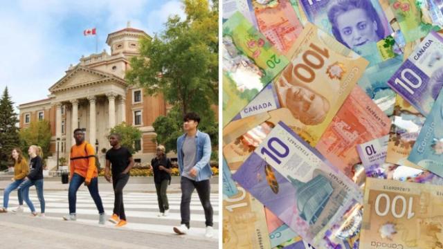 ​Students on the University of Manitoba campus. Right: Canadian money.