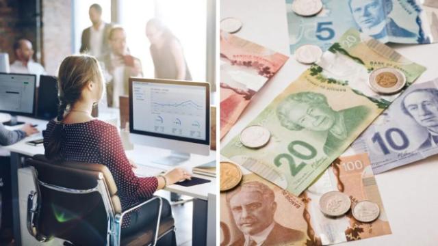 ​A person works at a computer. Right: Canadian banknotes.