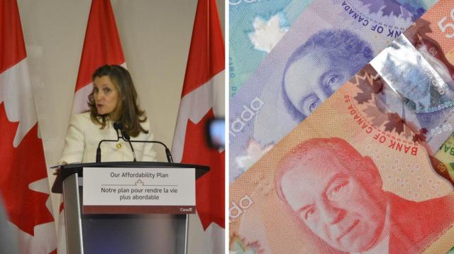 Finance Minister Chrystia Freeland shares the government's Affordability Plan. Right: Canadian currency.