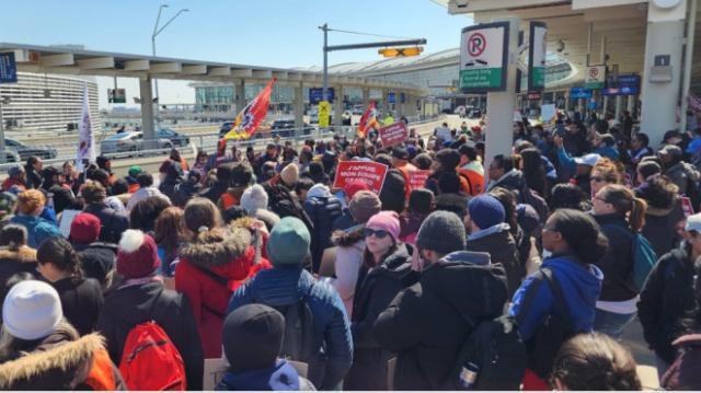 Protesters are seen at Toronto Pearson on April 27. (Lino Vieira PSAC)