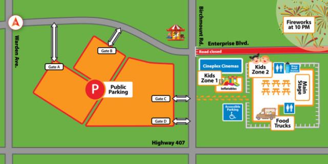 Map showing Public Parking and Canada Day event points of interest.