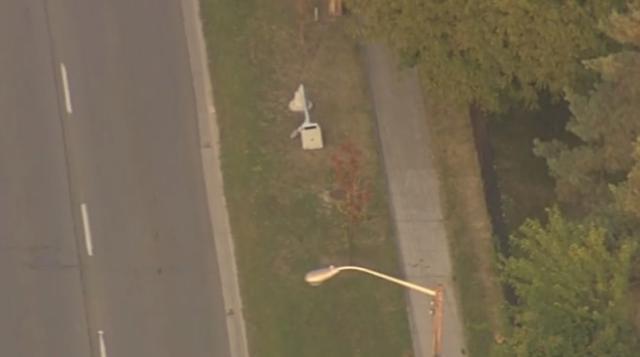The toppled speed camera on Sheppard Avenue near Keele Street as seen on Sept. 9, 2025