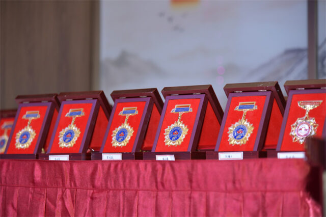 A row of awards on a table AI-generated content may be incorrect.