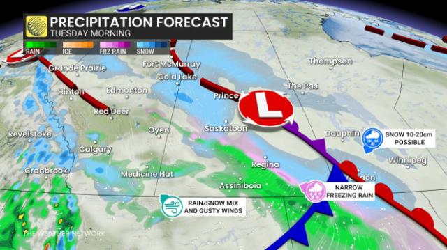 Prairies precipitation timing Tuesday morning